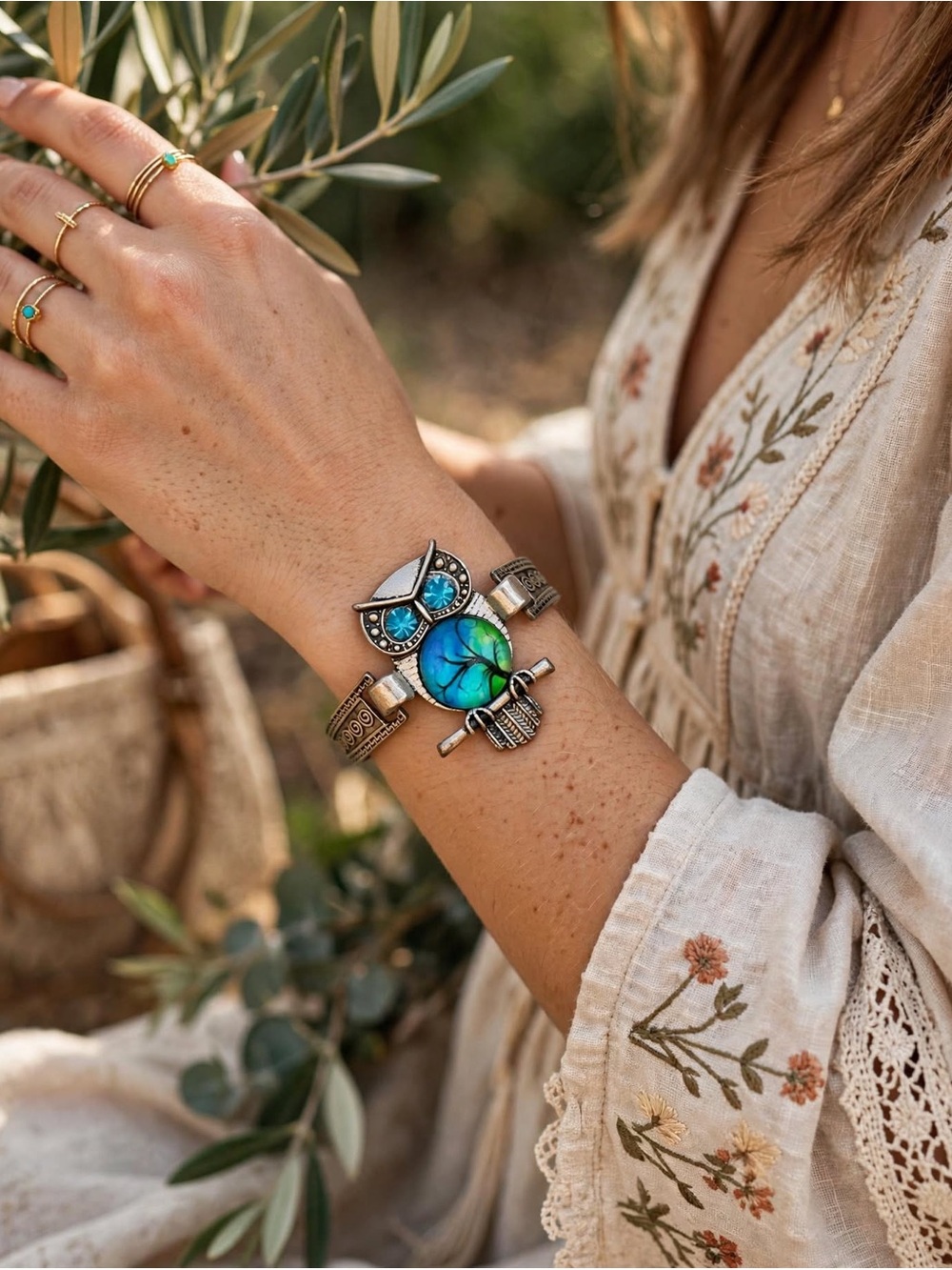 Silver Owl Bracelet with Blue-Green Glass Accent
